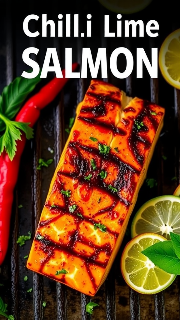 Grilled salmon with chili lime seasoning garnished with lemon slices and herbs