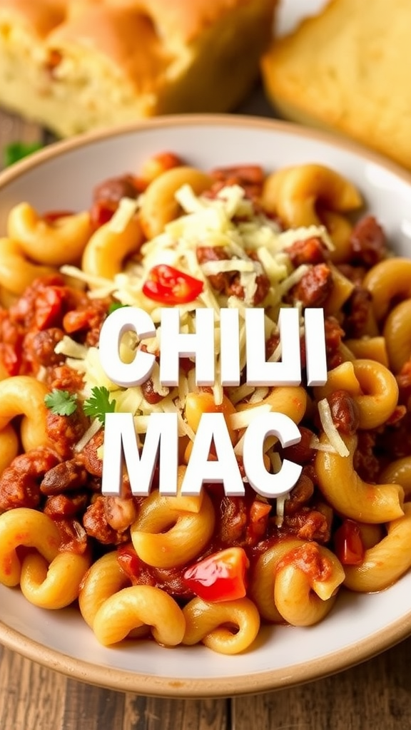 A delicious serving of Chili Mac with macaroni, chili, cheese, and cornbread on the side.