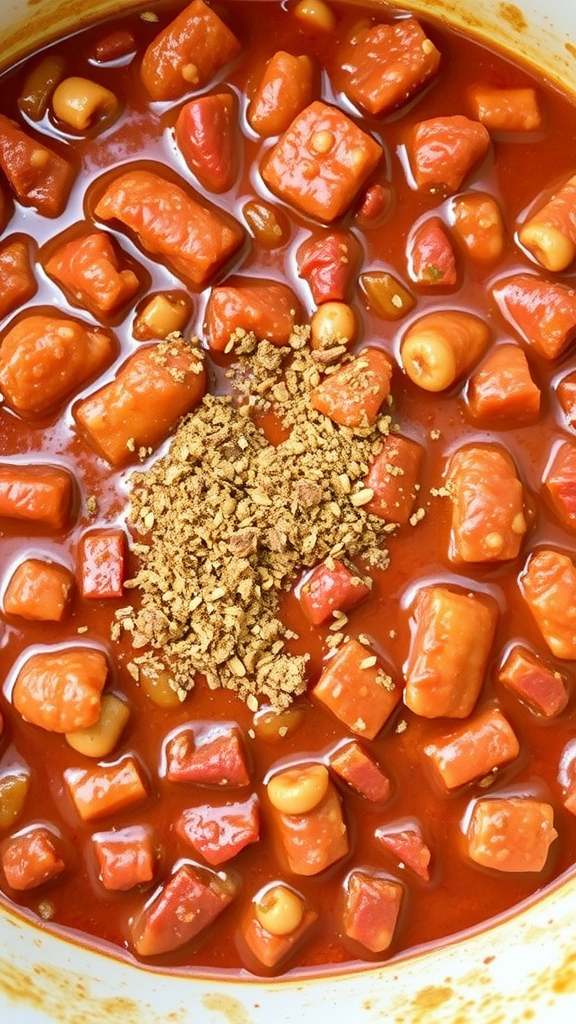 A pot of chili featuring chunks of vegetables and beans in a rich tomato sauce.