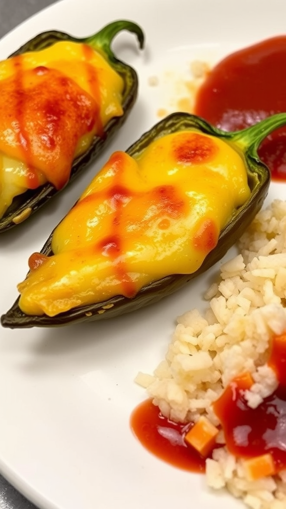 Delicious Chili Rellenos with cheese topping and rice on a plate