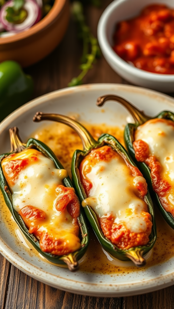 Delicious chili rellenos topped with melted cheese and tomato sauce