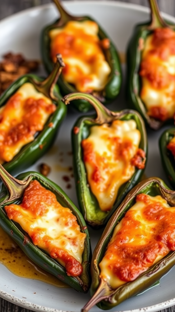 A plate of Chili Rellenos filled with cheese and topped with red sauce.