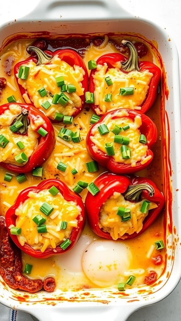 A baked Chili Rellenos Casserole with red bell peppers, cheese, and green onions.