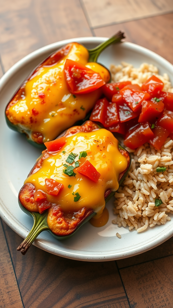 A plate of Chili Rellenos with melted cheese, diced tomatoes, and rice.