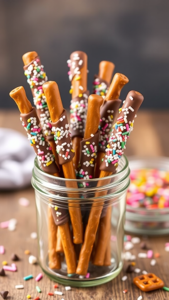 A jar filled with chocolate-covered pretzel rods decorated with colorful sprinkles.