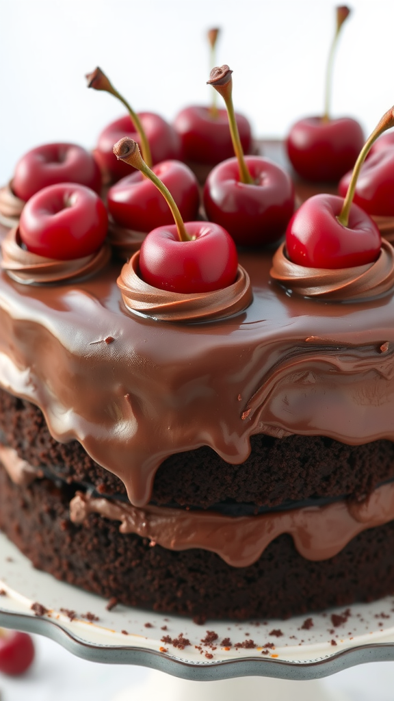A delicious chocolate cherry cake topped with shiny red cherries on a decorative cake stand.