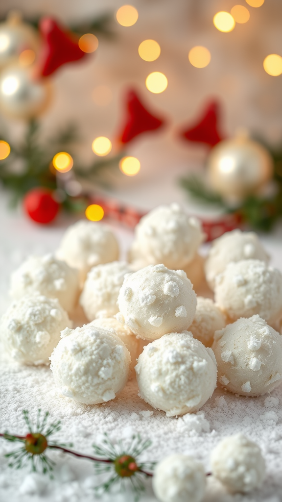A plate of chocolate coconut snowballs nestled in a snowy setting with holiday decorations.