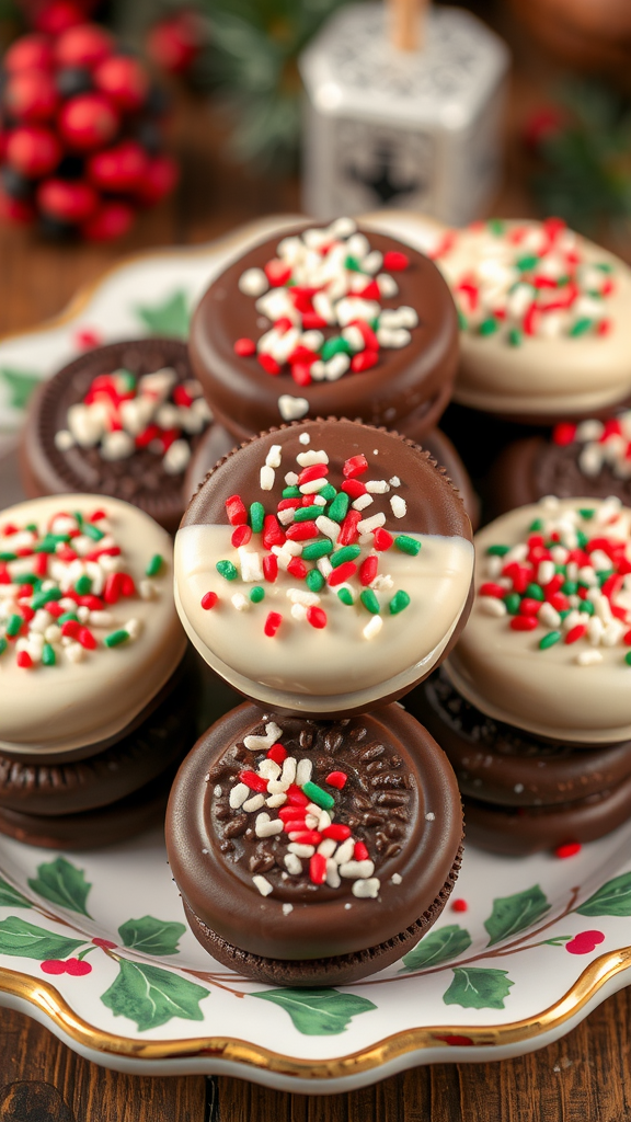 A plate of chocolate dipped Oreos decorated with festive sprinkles