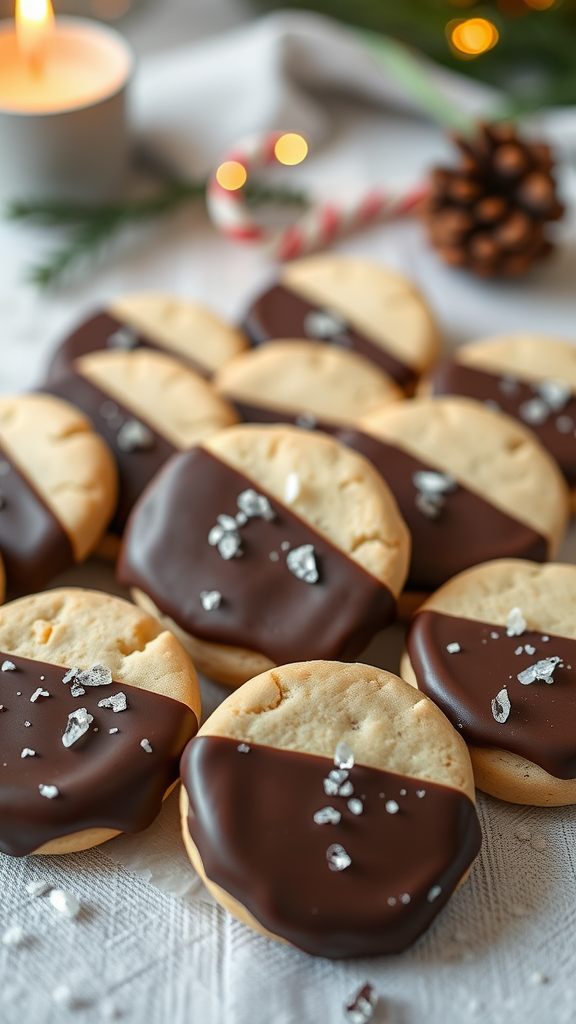 A plate of chocolate dipped shortbread cookies decorated with sea salt, surrounded by festive holiday decorations.