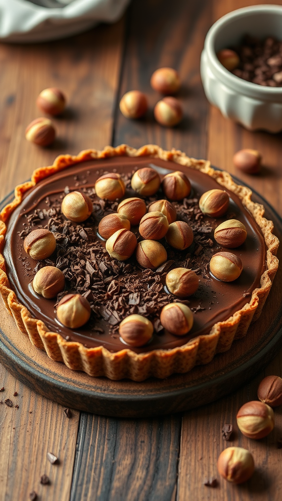 A beautifully decorated chocolate hazelnut tart with whole hazelnuts on top.