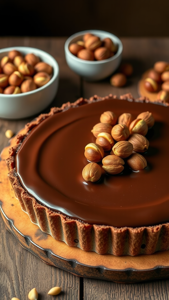 A chocolate hazelnut tart topped with whole hazelnuts, surrounded by bowls of hazelnuts.