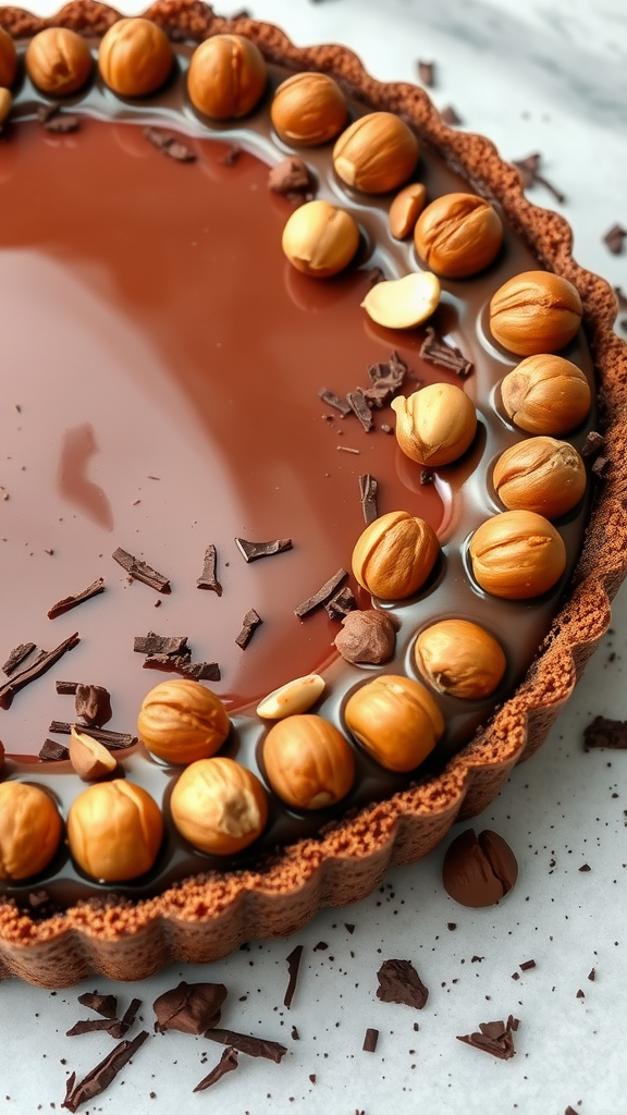 A delicious Chocolate Hazelnut Tart topped with hazelnuts and chocolate shavings.