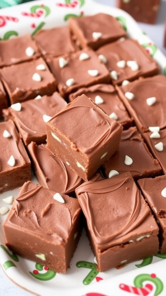 Plate of chocolate mint fudge squares topped with white chocolate chips