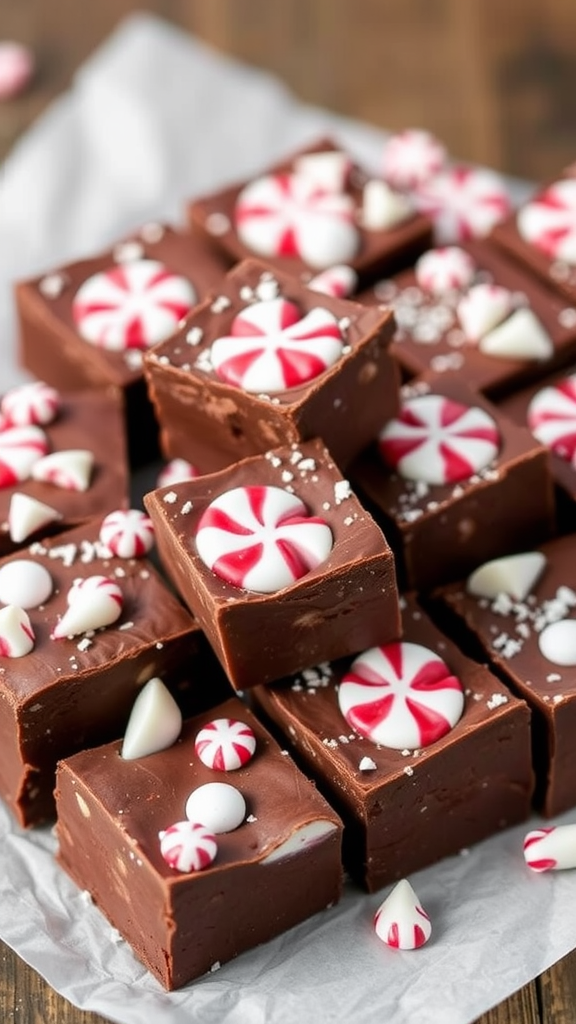 A pile of chocolate mint fudge squares decorated with peppermint candies on top.