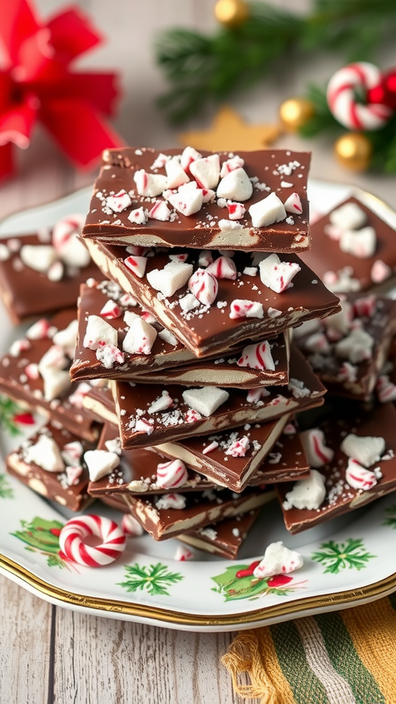 A close-up of chocolate peppermint bark stacked on a plate, garnished with crushed peppermint candies.