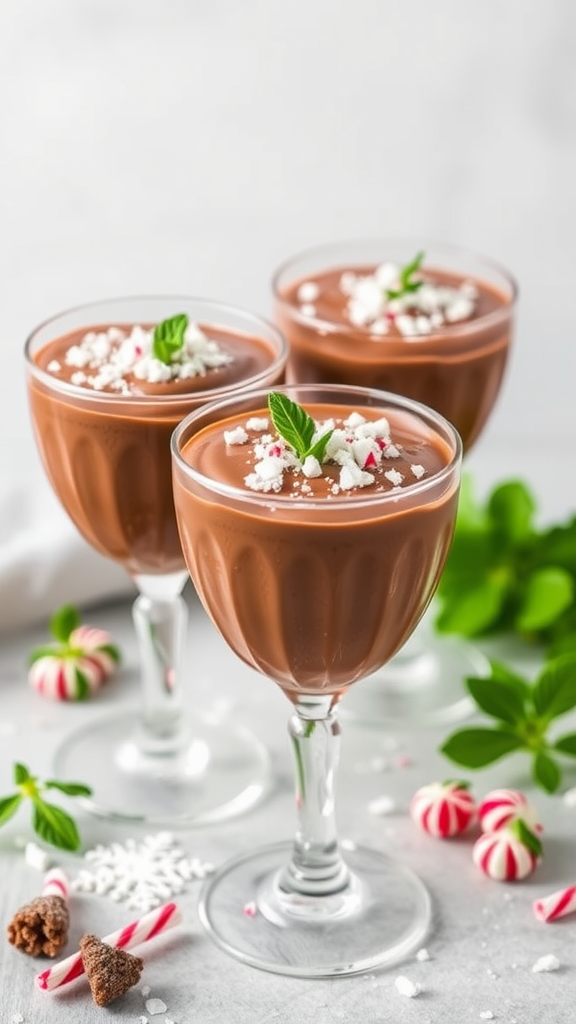 Three elegant cups of chocolate peppermint mousse topped with crushed peppermint and mint leaves, surrounded by holiday-themed candies.