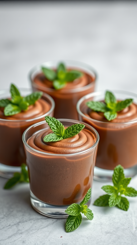 Chocolate peppermint mousse in glass cups topped with mint leaves.