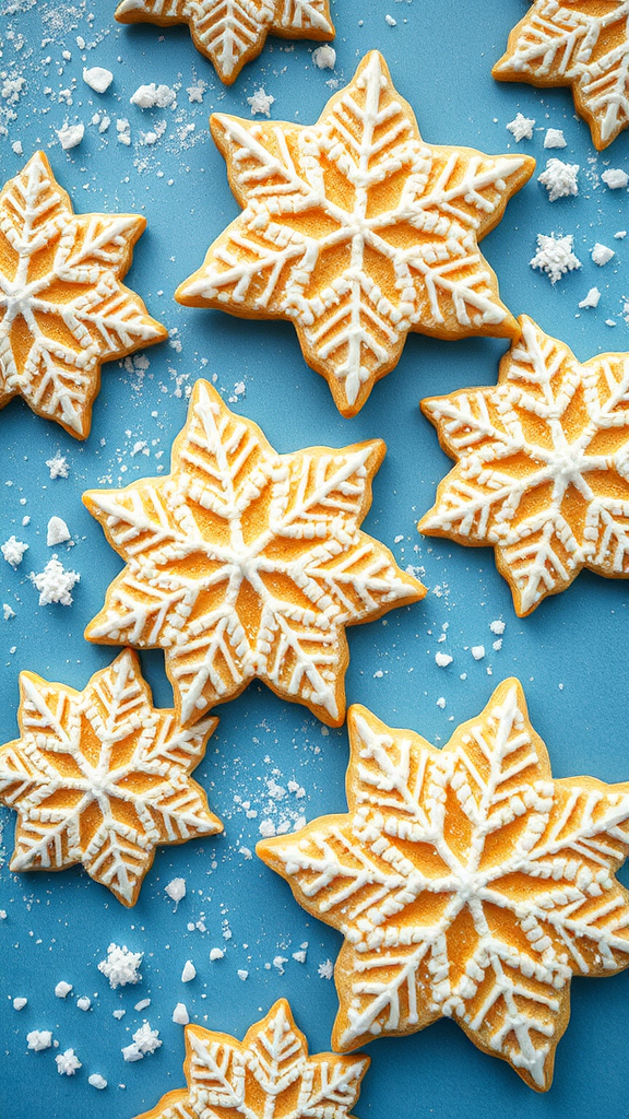 Decorated chocolate snowflake cookies on a blue background