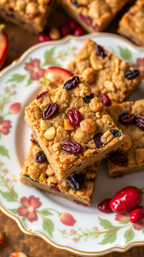 Delicious Christmas fruitcake bars with nuts and dried fruits on a decorative plate