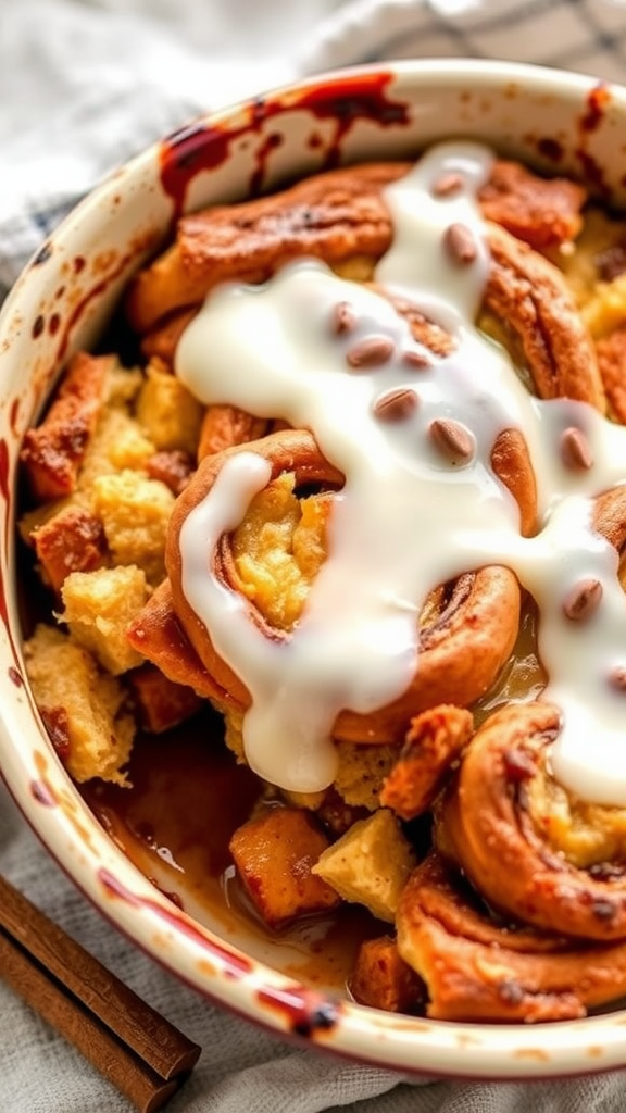 A warm bowl of cinnamon roll bread pudding topped with icing and chocolate chips