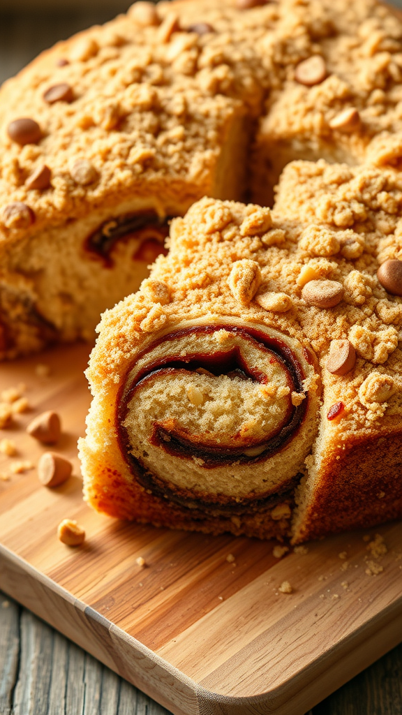 A sliced cinnamon swirl coffee cake with a crumbly topping and a rich cinnamon filling visible in the layers.