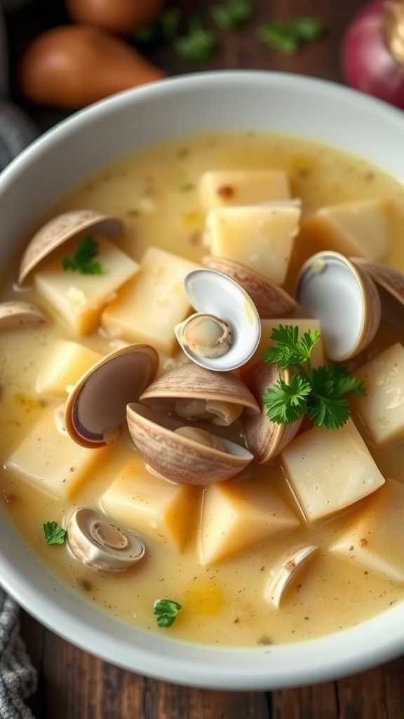 A bowl of clam chowder with clams and potatoes garnished with parsley