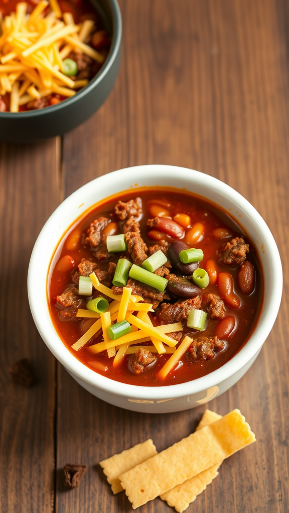 A bowl of classic chili topped with cheese and green onions, alongside crackers.