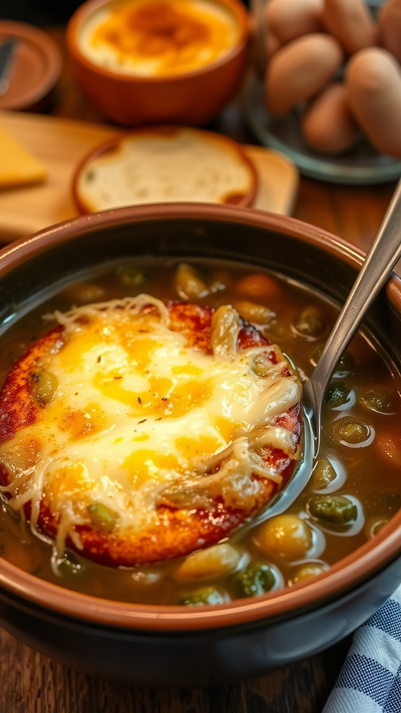 Bowl of classic French onion soup topped with melted cheese and a slice of toasted bread.