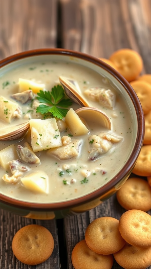 A bowl of classic New England clam chowder with clams, potatoes, and parsley, alongside crackers.