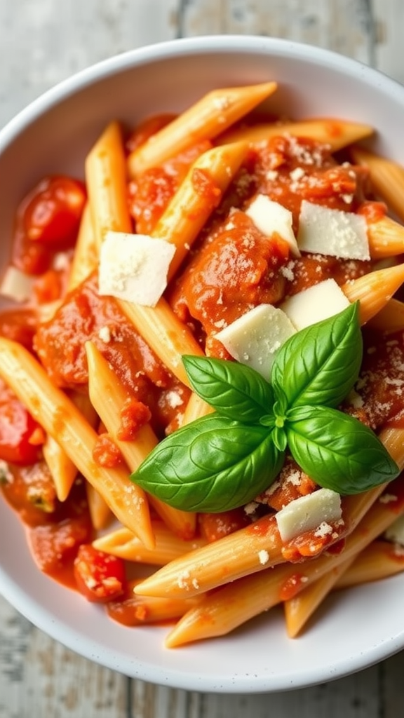 A bowl of Penne alla Vodka topped with basil and cheese.