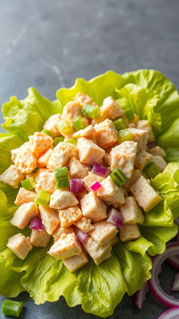 A colorful classic tuna salad served on a bed of lettuce with diced vegetables.