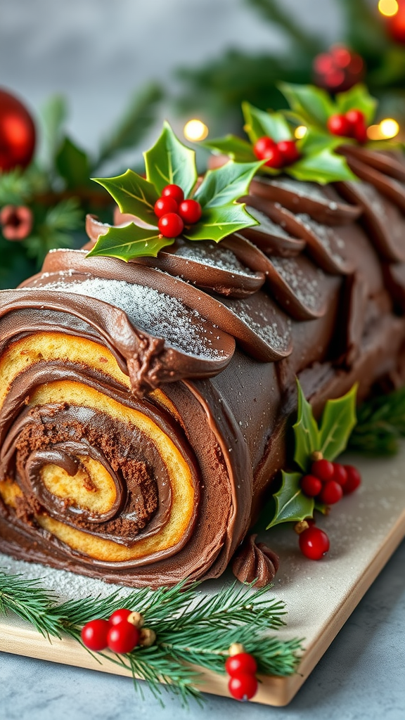 A beautifully decorated Yule log cake with chocolate icing, holly leaves, and red berries on a wooden platter.