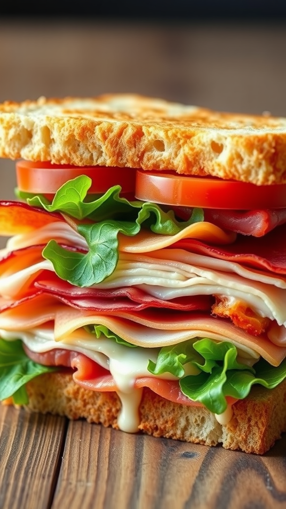 A delicious club sandwich stacked with layers of meats, cheese, lettuce, and tomato on toasted bread.