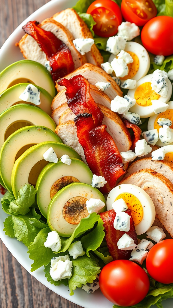 A vibrant Cobb salad with grilled chicken, bacon, avocado, hard-boiled eggs, and tomatoes atop fresh greens.