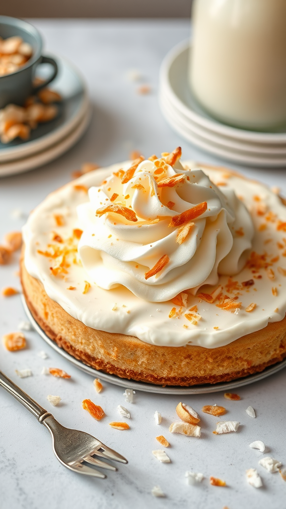 A coconut cream pie topped with whipped cream and toasted coconut, surrounded by a fork and a cup of coconut flakes.