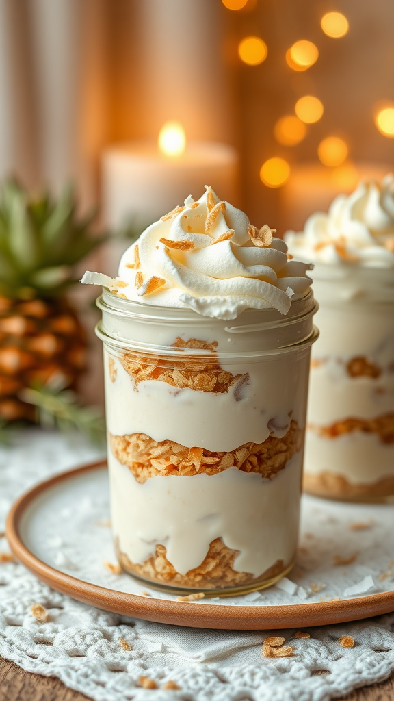 Coconut cream pie jars with whipped cream and toasted coconut on top, set against a cozy background.