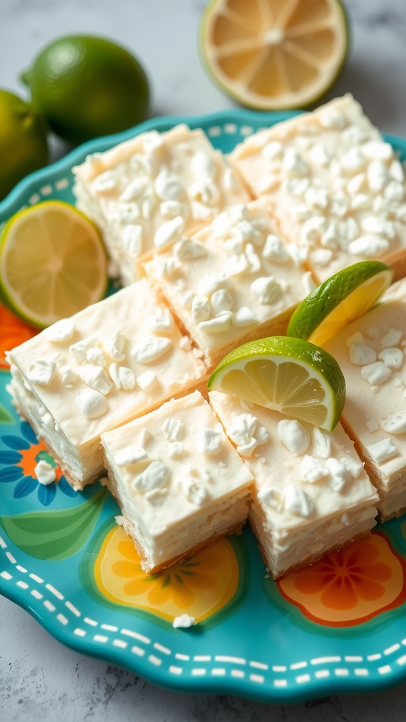 A colorful plate of coconut lime bars, garnished with lime slices and surrounded by fresh limes.
