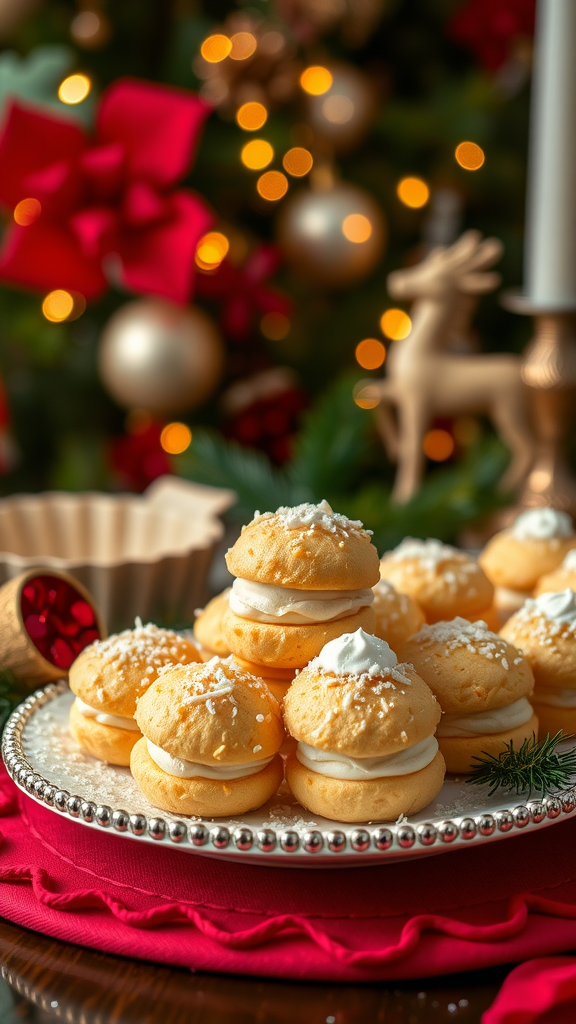 A plate of coconut macaroons, decorated with cream and shredded coconut, against a festive backdrop.