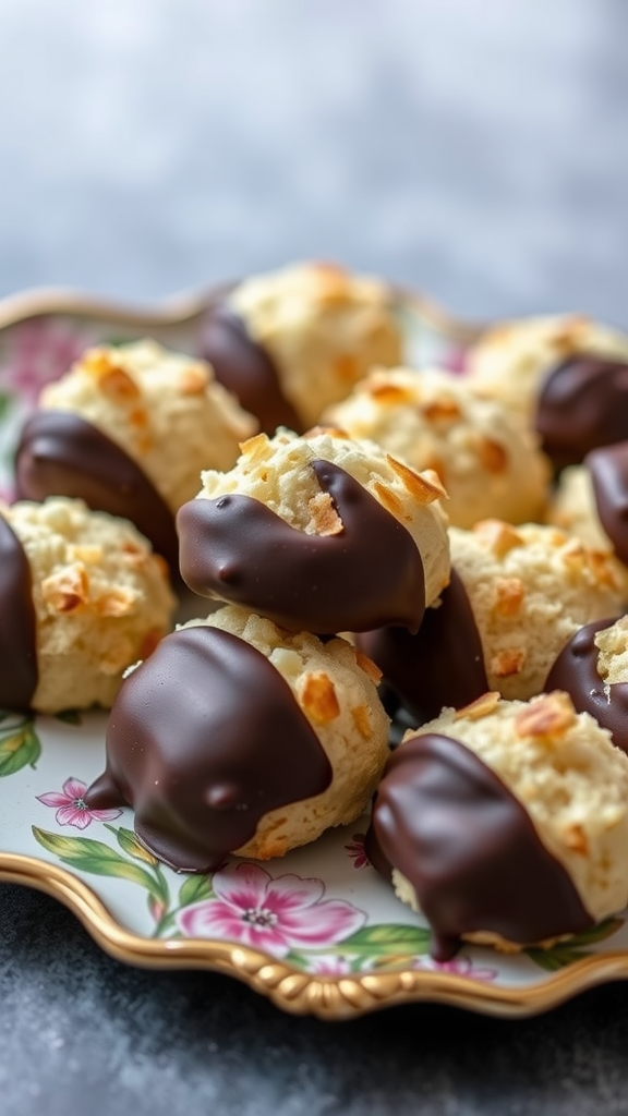 A plate of coconut macaroons dipped in dark chocolate with a floral design.