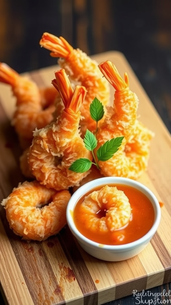 A plate of golden coconut shrimp served with a dipping sauce.