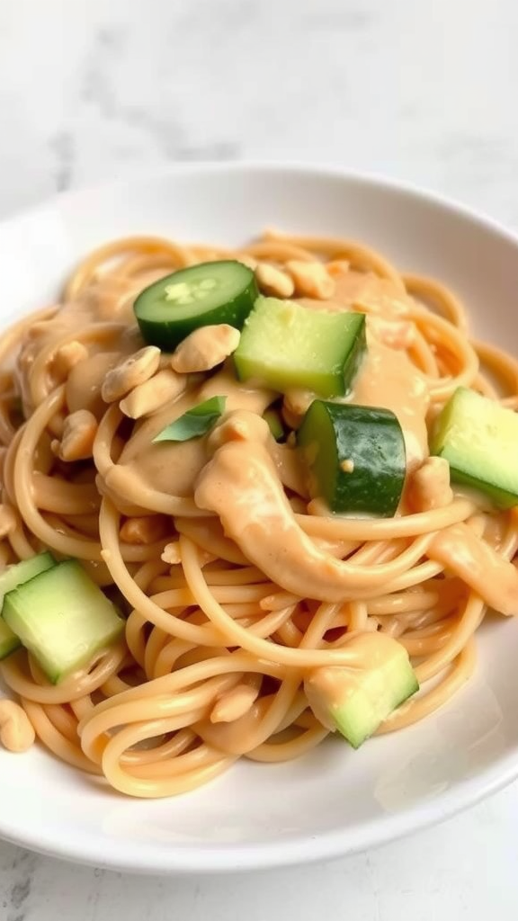 A bowl of cold noodles in peanut sauce topped with cucumber and peanuts