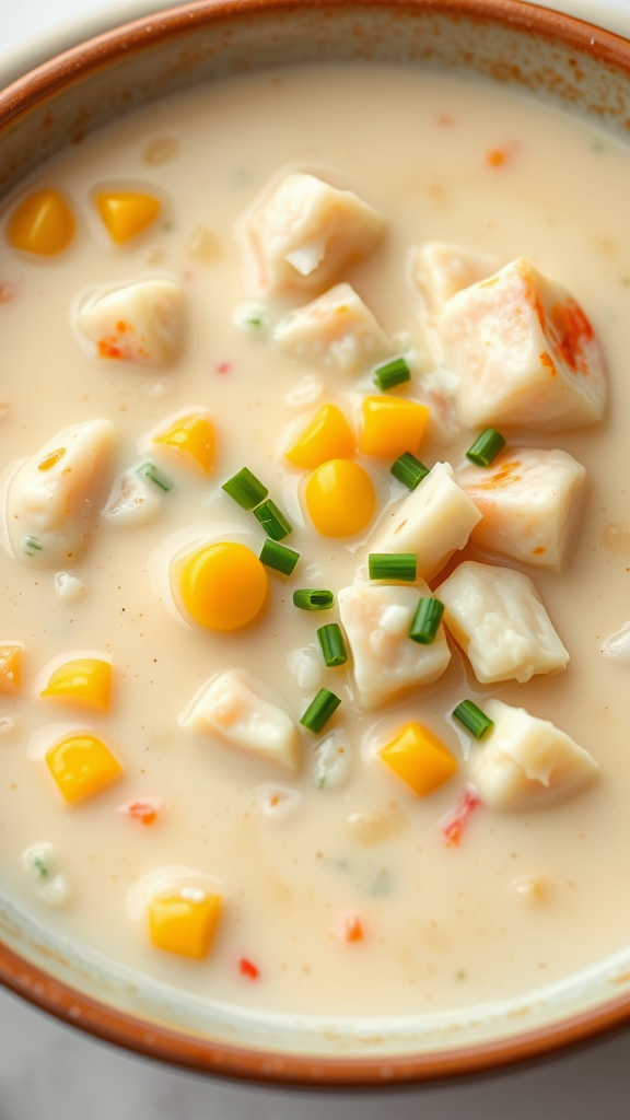 A bowl of creamy corn and crab chowder topped with corn kernels and chopped chives.