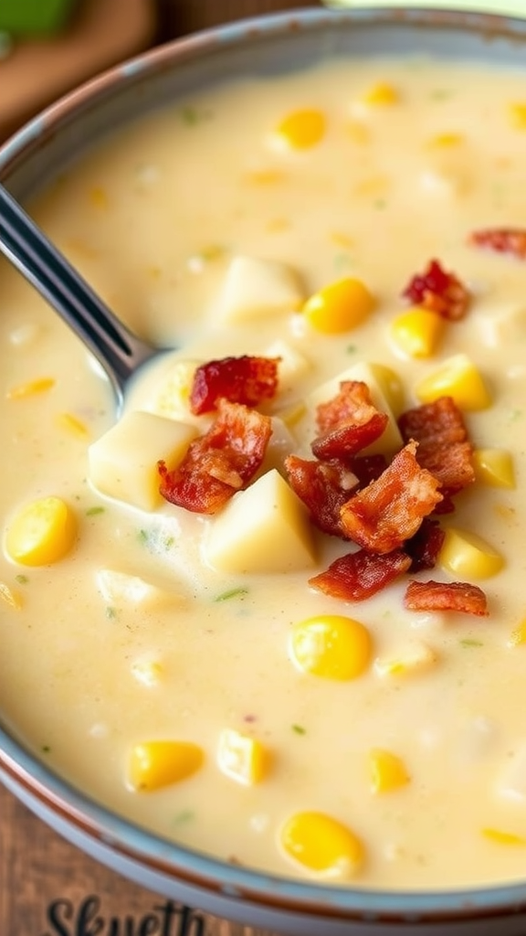 A bowl of creamy corn chowder topped with crispy bacon.