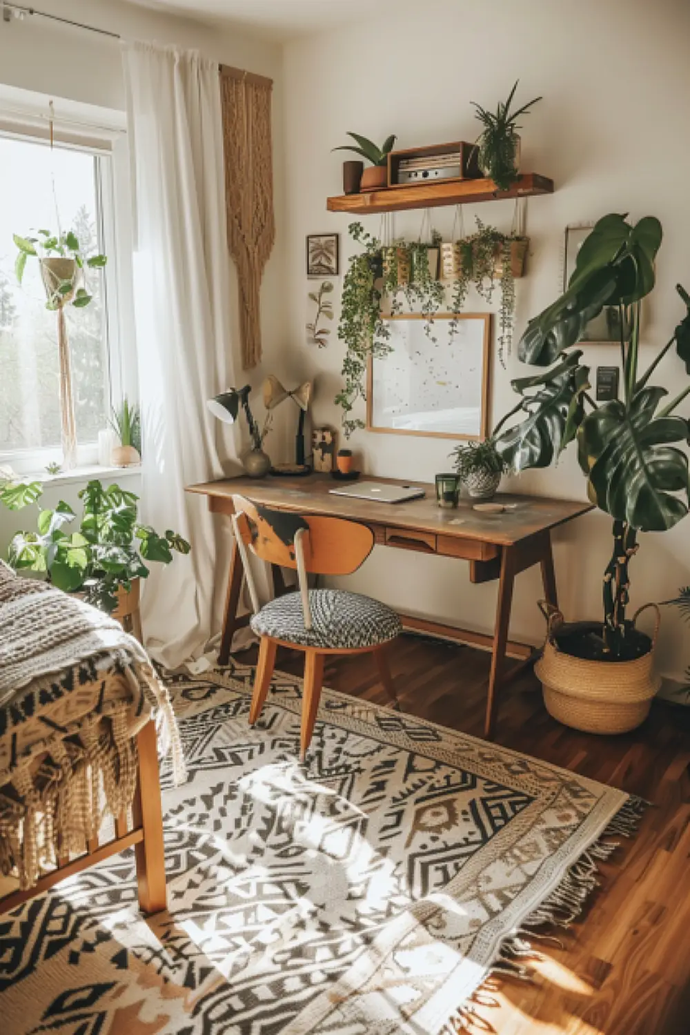 Boho chic bedroom with an integrated workspace
