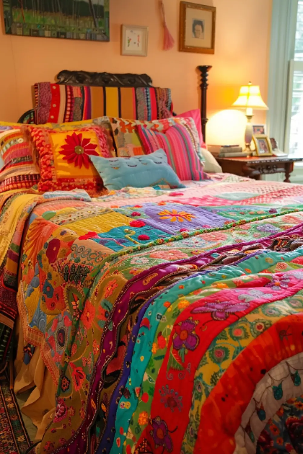 Bedroom with colorful boho-themed bedding