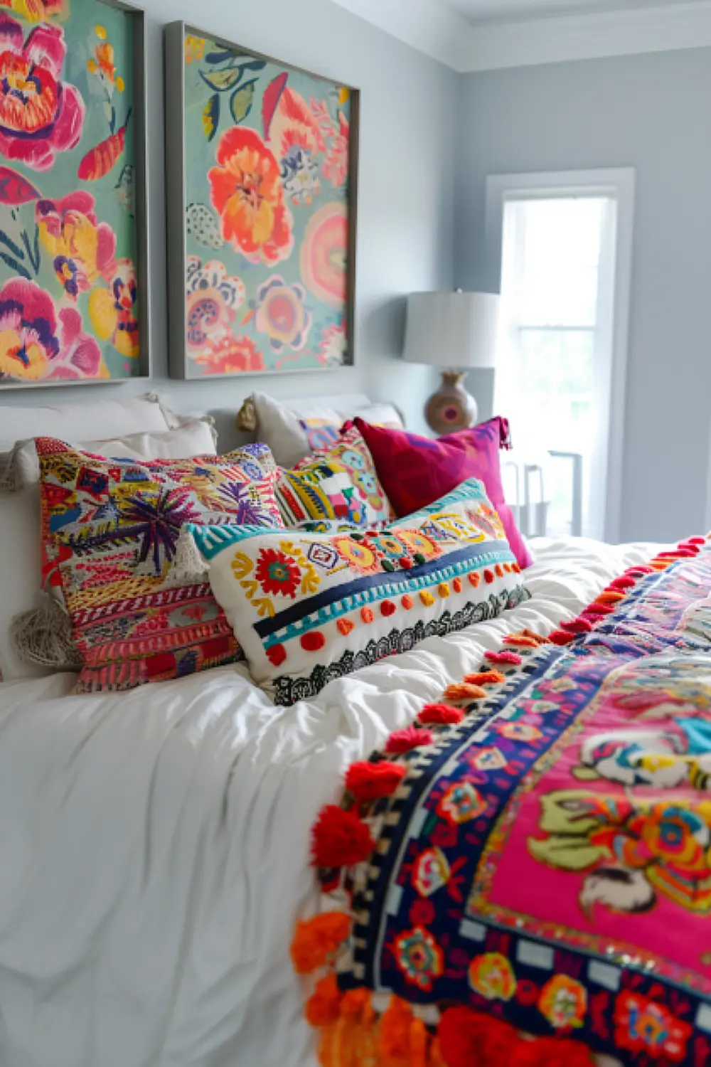 Cozy boho bedroom with bold colors and patterned accessories
