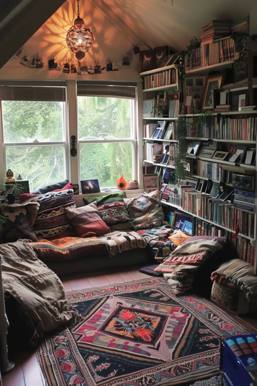 Cozy boho bedroom reading nook with floor cushions
