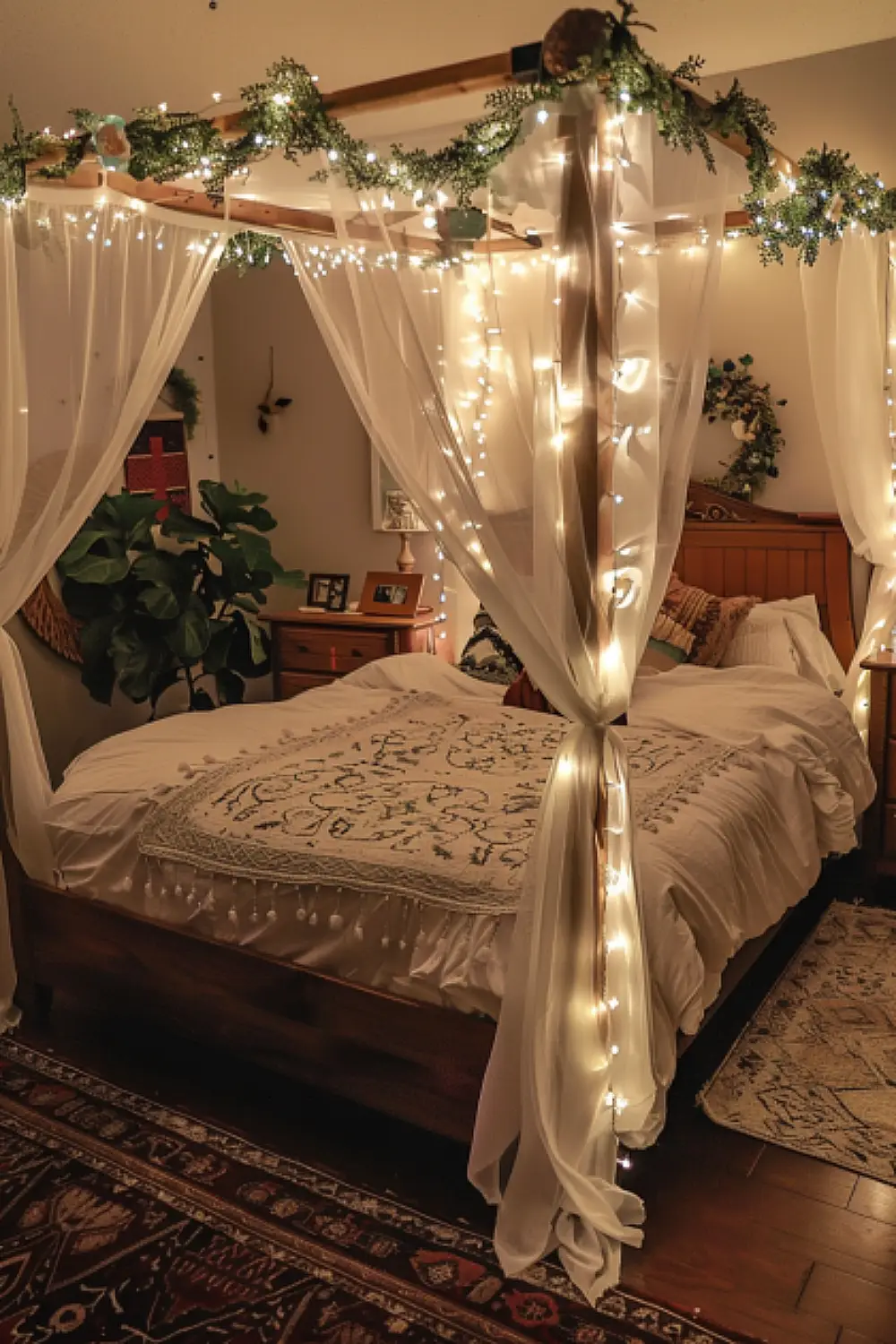 Dreamy boho bedroom with a canopy bed and fairy lights