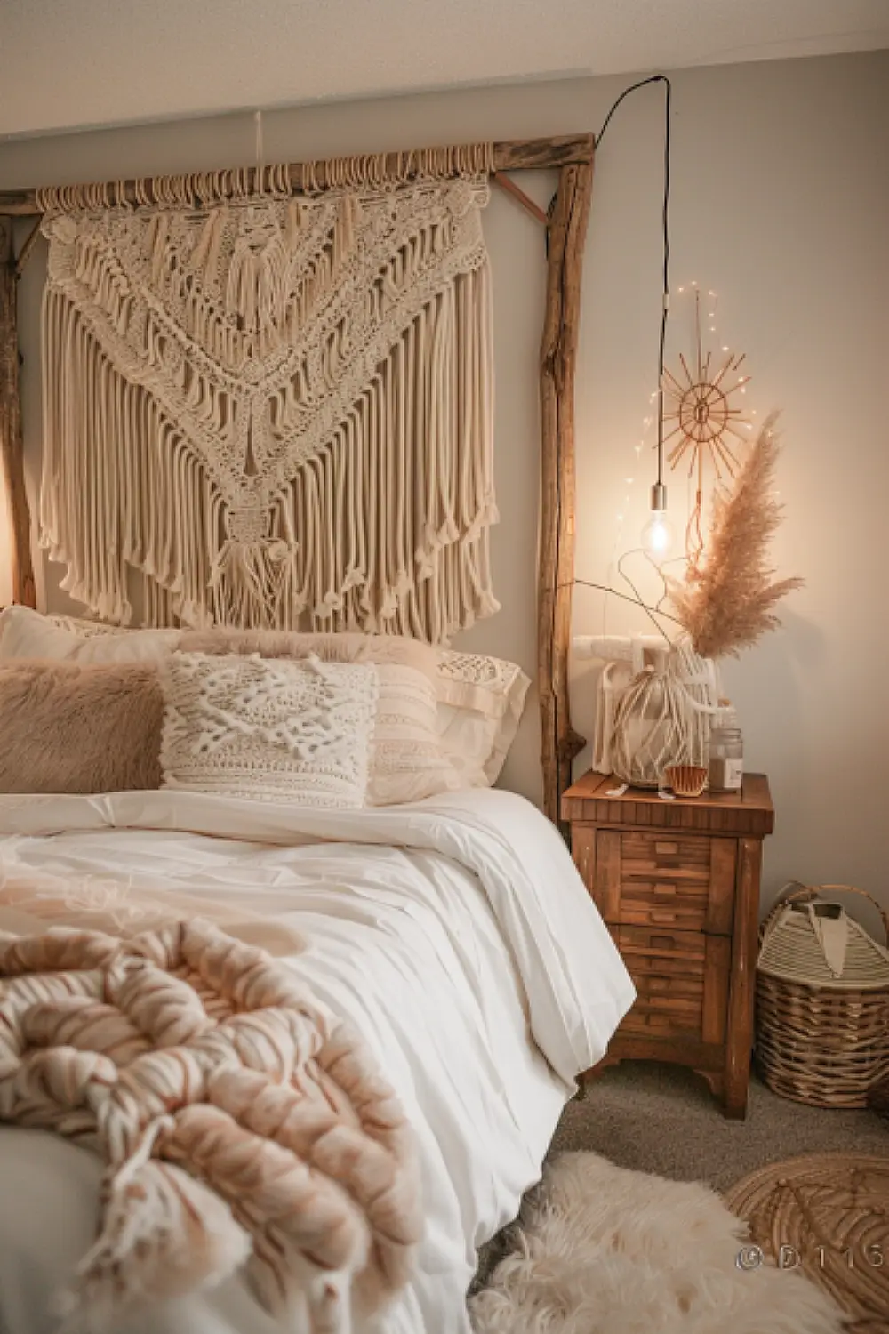 Cozy boho bedroom with earthy textures and soft lighting