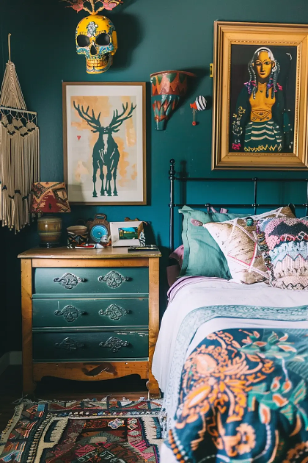 Boho bedroom with an eclectic art gallery wall